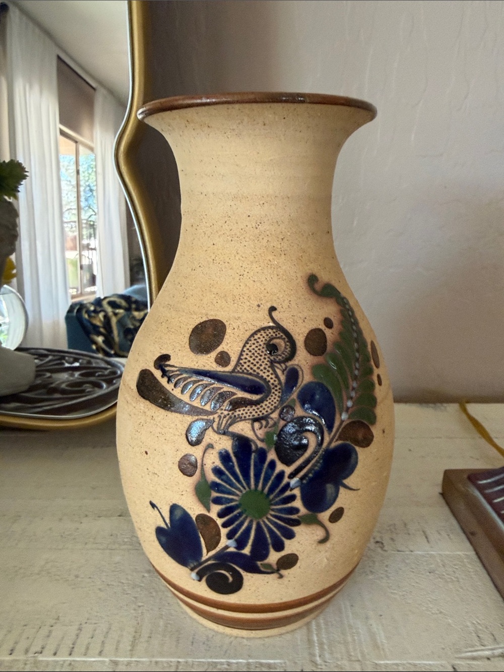 Vintage 9” Mexican Tonala Vase Quail Motif